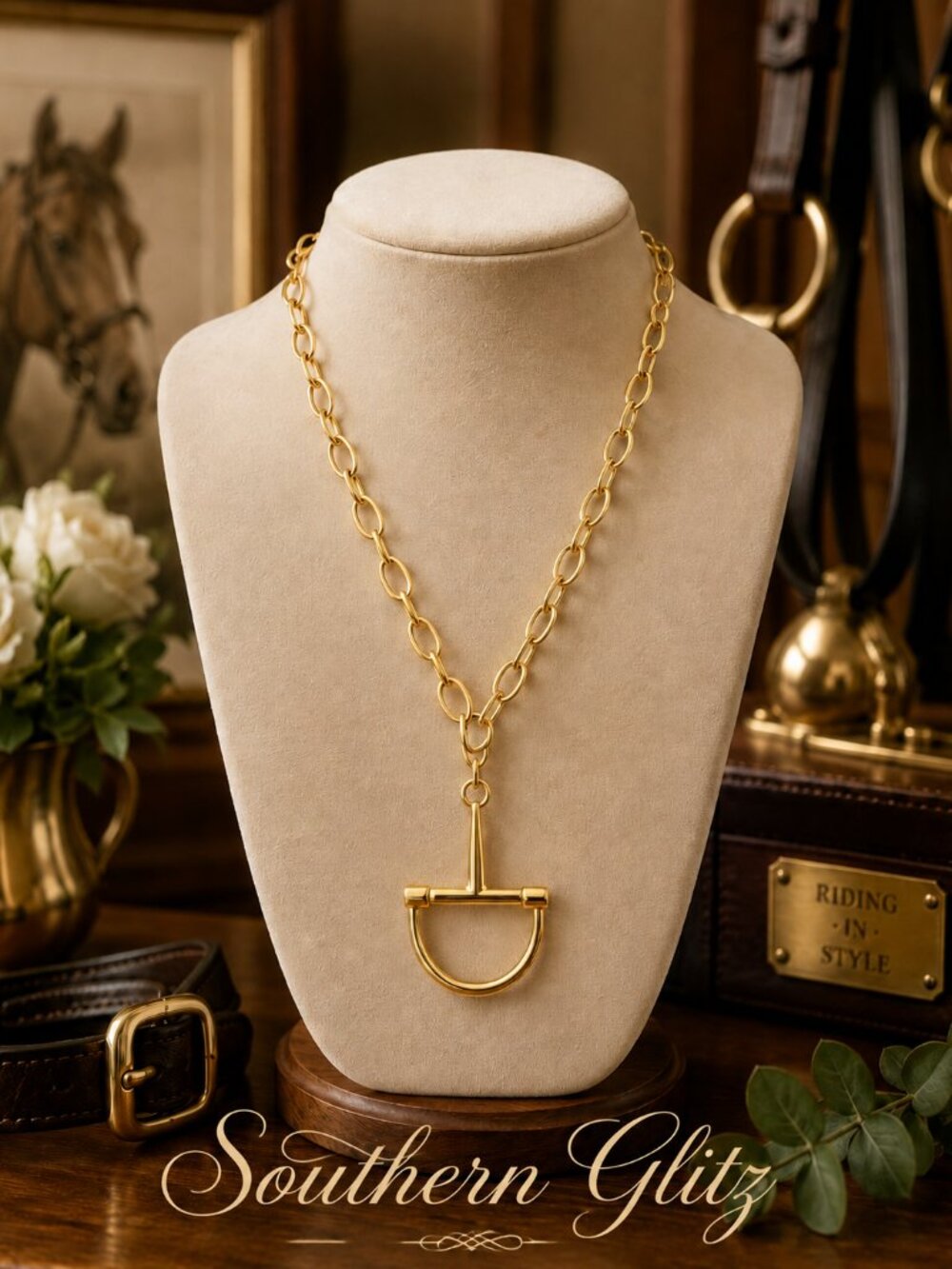 Gold Stirrup Necklace, Equestrian Pendant Jewelry, Oval Link Chain Necklace, Hor